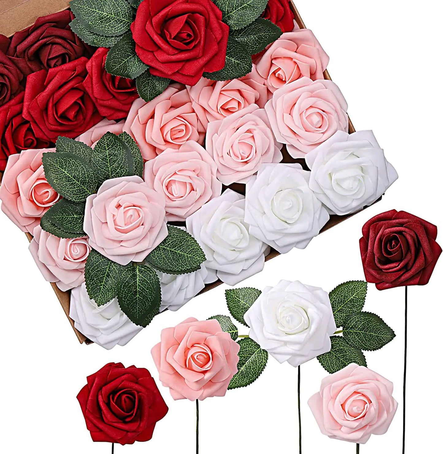 Colorful Foam PE Rose Flowers with Stem and Leaves (25 pcs)