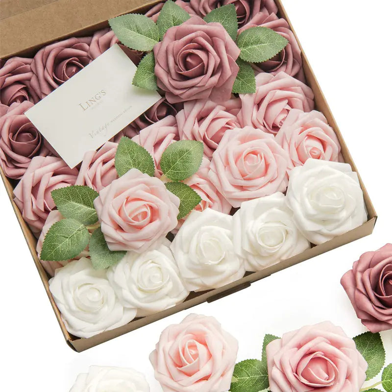 Colorful Foam PE Rose Flowers with Stem and Leaves (25 pcs)